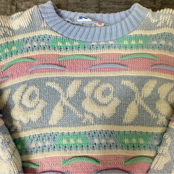 VTG 80s 90s Rose Textured 3D Knit Sweater Wms M NO SIZE TAG USA Pastel Glitter - Picture 2 of 14